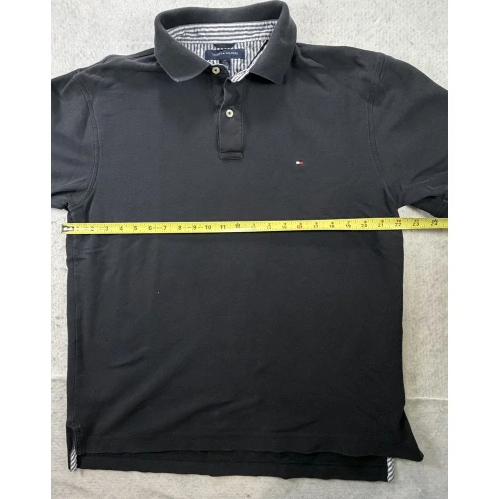 Tommy Hilfiger Polo Shirt Mens Medium Logo Rugby Solid Black Collared Custom Fit - Picture 4 of 5